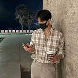 WIAOFELLAS  -  Vintage 2025 Summer Men's Plaid Loose Korean Style Shirts Fashion New Casual Single-breasted Long Sleeves Tops Male