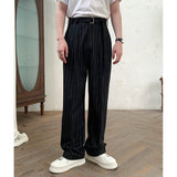 WIAOFELLAS  -  50% Wool Stripe Suit Pant Men Autumn Winter Fashion Retro Loose Casual Wide Leg Thicken Suit Pant Office Man Commuter Trousers