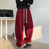 WIAOFELLAS  -  Fleece Thickened Men Sweatpants Drawstring Solid Color Pleated Design Elastic Waist Straight Leg Male Bottom Spring