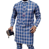 WIAOFELLAS  -  Four Seasons Hot Selling Men's 2 Piece Sets Afirican Syle Ethinic Casual Blue Plaid Clothes and Pants Button Muslim Men Clothing