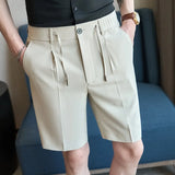WIAOFELLAS  -  Men's Elastic Waist Suit Shorts Summer Solid Drawstring Business Casual Knee Length Pants Male Korean Fashion Short Trousers