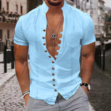 WIAOFELLAS  -  new fashion men's retro button cotton and linen casual short-sleeved shirt