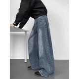 Wiaofellas  -  New Spring Autumn Men Jeans Washed Spliced Loose Wide Leg Floor‑Length Pants American High Street Hip Hop Casual Denim Trousers