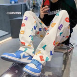 Wiaofellas  -  Printed Men's Trendy Versatile Plus Size Loose Fat Guy Korean Style Ins Autumn Sports Sweatpants Long Pants