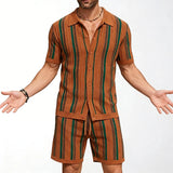 Wiaofellas  -  Men 2 Piece Striped Knitted Shirts Set Summer Casual Short Sleeve Cardigan+Shorts Sets Streetwear Fashion Outfit for Beach Wear