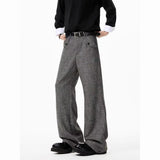WIAOFELLAS  -  Grey Straight-leg Casual Pants Men American Streetwear Brand Retro and Stylish Loose Wide-leg Plaid Suit Pants
