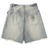 Wiaofellas  -  Y2K Washed Denim Shorts Vintage Blue Wide Leg Jeans Shorts For Men Summer Loose Casual Hole Ripped Shorts Blue ﻿Sweatpants Pants