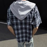 WIAOFELLAS  -  Niche Men's Shirts Hooded Drawstring Plaid Design Short Sleeved Casual Single Breasted Contrast Color Male Clothing