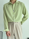 Wiaofellas  -  Spring Senior Lake Blue Shirts Men Long Sleeve Luxury Chiffon Casual Korean Fashion Loose Drape Ice Silk Button Up Shirt Blouse