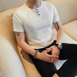 WIAOFELLAS  -  Summer Cotton Round Neck Men's Casual T-shirt Fashion Business Slim Fit Short Sleeve Elastic Solid Color Tees Tops Streetwear