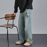 WIAOFELLAS  -  Design sense flower embroidery wash jeans men's spring straight pants couple loose American pants