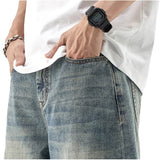 Wiaofellas  -  Men's Vintage Washed Denim Shorts Summer Wide Leg Five Casual Straight Leg Pants