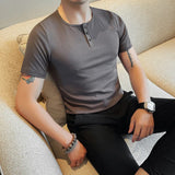 WIAOFELLAS  -  Summer Cotton Round Neck Men's Casual T-shirt Fashion Business Slim Fit Short Sleeve Elastic Solid Color Tees Tops Streetwear