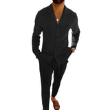 Wiaofellas  -  All Match Men's Tracksuit Fashion Solid Two Piece Slim Suit Autumn New Long Sleeve Button Shirts Top&Drawstring Pants Set
