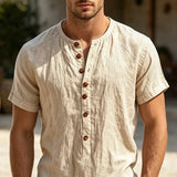 Wiaofellas  -  Retro Solid Color Mens Linen Tops Summer Casual Short Sleeve Button-up Henley Neck T Shirts For Men Daily Leisure Loose Pullover
