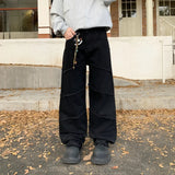 WIAOFELLAS  -  New trendy spliced loose straight leg black washed denim jeans