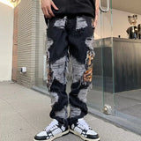 Wiaofellas  -  Vintage Y2K Men Jeans Ripped Design Patchwork Straight Denim Pants Streetwear Mens Hip Hop Loose Embroidery Jean Trousers Spring