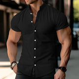 WIAOFELLAS  -  Summer Men's Casual Shirts Short Sleeve Fashion Solid Stand Collar Single Breasted Man Cotton Linen Thin Breathable Beach Shirt