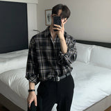 Wiaofellas  -  Men Casual Plaid Shirts Single Breasted Long Sleeve Loose Blouse Male Korean Chic Streetwear Fashion All-match Outwear BF