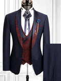 Wiaofellas  -  Floral Formal Suits For Men 3 Pcs Shawl Lapel Wedding Groom Tuxedo Italian Style Suit Jacket With Vest Pants Fashion