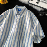 WIAOFELLAS  -  Striped Shirt for Men Cotton Short Sleeves Button Blouses Casual Turn-down Collar Shirt Summer Streetwear Overshirts Tops A130