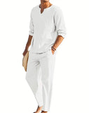 WIAOFELLAS  -  2pcs Set Men's Shirt and Pants Suits for Men Small V-neck Beach Wear Tracksuit Solid Color Shirts Sweatpants Hawaiian Vacat