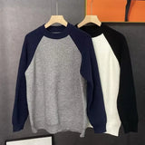 WIAOFELLAS  -  Autumn Winter New Fashion Round Neck Long Sleeve Patchwork Color Blocking Pullovers Men's Clothing Korean Knitting Trend Tops