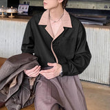 WIAOFELLAS  -  Men Shirt Striped Patchwork Lapel Long Sleeve Loose Men Clothing Streetwear Korean Style Fashion Casual Shirts Men S-5XL