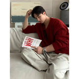 WIAOFELLAS  -  Encore red V-neck sweater men's lazy style into autumn Korean high-end outfit twisted sweater jacket