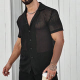 Wiaofellas  -  Male Summer Turn Down Collar Knitted Shirts Night Club Transparent Tees Fashion Men's Short Sleeve Button Tops Cardigan