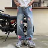 WIAOFELLAS  -  New trendy loose straight leg black printed washed denim jeans