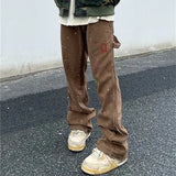 Wiaofellas  -  Kanye Graffiti Ink Painted Flared Jeans Cargo Y2K Pants Men Clothing Brown Straight Hip Hop Long Trousers Pantalones Hombre