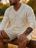 Wiaofellas  -  Daily Casual Knitting T Shirts Mens Stylish Hollow Out Breathable Long Sleeve Shirt Tops Autumn Solid Color Loose Pullover