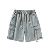 WIAOFELLAS  -  Washed Work Jeans Shorts Men's Summer Straight Trousers Hip-hop Retro Casual Five Trousers Elastic Waist Shorts