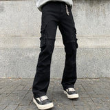 WIAOFELLAS  -  New trendy loose straight leg multi pocket black washed denim jeans