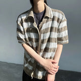 WIAOFELLAS  -  Fashion Summer Men's Striped Contrast Color Knit Sweater Trendy Casual Single-breasted Lapel Short Sleeves Tops Male