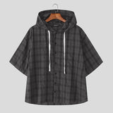 WIAOFELLAS  -  Men Plaid Shirt Hooded Short Sleeve Loose Casual Men Clothing Summer Korean Style Streetwear 2025 Male Shirts Tops S-5XL
