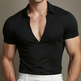 Wiaofellas  -  Spring Summer Men's V Neck Short Sleeve T Shirt Breathable Lightweight Casual Business Basic Tee Tops