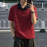 Wiaofellas  -  Red Striped Polo Shirt Short Sleeve Loose Fit Summer Slimming Turn Collar T-Shirt Premium Feeling Fitness Sport Sweatshirt