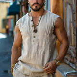 Wiaofellas  -  Men's Retro V-Neck Tank Top Summer Solid Color Casual Sleeveless Loose T-Shirt Outdoor Vacation Basic Top For Men