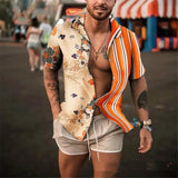 Wiaofellas  -  New Men's Beach Shirts Hot Sale Hawaiian Color Matching Striped Shirt Men Casual Oversized Short Sleeve Shirt Chemise Homme