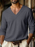 Wiaofellas  -  Autumn New Men's Plaid Pattern Jacquard Fabric V-neck Casual Sports Off-shoulder Sleeve Long-sleeved T-shirt