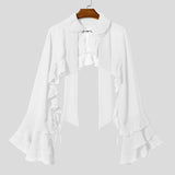 Wiaofellas  -  Men Shirt Solid Color Chiffon See Through Ruffle Irregular Shirts Men Cardigan Streetwear Sexy Fashion Party Camisa