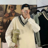 WIAOFELLAS  -  Men Sweater Vest Patchwork Simple Panelled Sleeveless Knit Sweaters Male Loose V-neck All-match Korean Preppy Style Streetwear