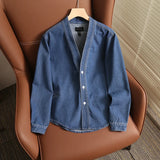 WIAOFELLAS  -  Classic Denim Cardigan Jacket Monk Robe Spring Men's Washed Taoist Robe V-neck Cardigan Coat Unisex Vintage Button Blue Tops