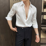 WIAOFELLAS  -  Luxury Men's Long Sleeved Silk Shirts Spring Wrinkles Design Striped Man Social Dress Shirt Elegant Party Prom Mens Clothing 4XL