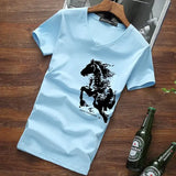Wiaofellas  -  Men's V-neck Cotton T-shirt Chinese Style Horse Print Short Sleeve Slim Fit Casual Summer Tee