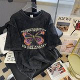 WIAOFELLAS  -  High Quality Washed Vintage American Butterfly Short Sleeve Women's Summer Cotton T-Shirts Oversize Crew Neck  Comfortable Tops