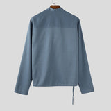WIAOFELLAS  -  Men Shirt Solid Color Stand Collar Long Sleeve Loose Men Clothing Streetwear Korean Style Fashion Casual Shirts
