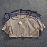 WIAOFELLAS  -  Heavy washing process short sleeve T-shirt men's American fashion loose off shoulder sleeve heavy round neck cotton solid color